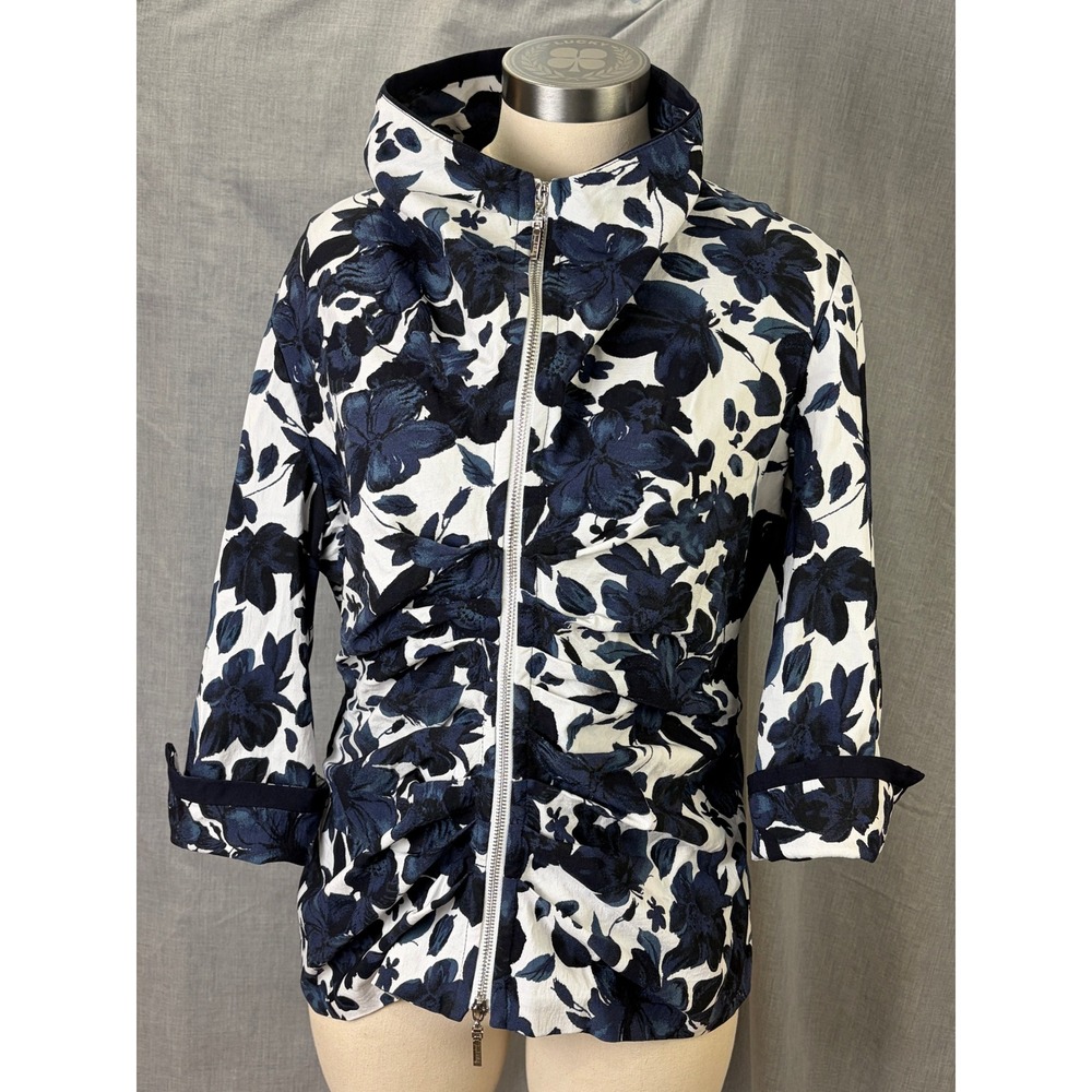 Joseph Ribkoff Womens Floral Print Jacket Hooded Zip Front‎ Navy White Sz 16